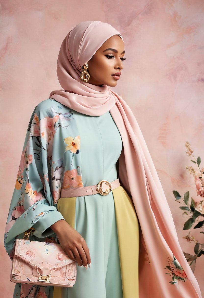 A captivating flat lay of chic hijabs in various colors and patterns, elegantly draped alongside stylish modest fashion pieces such as long dresses and tailored trousers. Incorporate subtle accessories like statement earrings and trendy bags, with a backdrop of soft pastel tones to evoke a sense of sophistication. The composition should reflect modern aesthetics while celebrating cultural elegance. watercolor style. pastel colors. soft focus.
