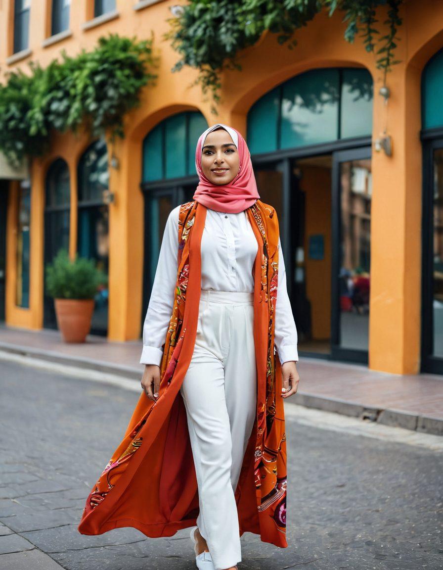 A stylish Muslim woman wearing a beautifully designed hijab, paired with elegant everyday attire, confidently walking down a vibrant street filled with lively colors and cultural elements. Surround her with a backdrop of modern architecture and greenery, showcasing a blend of tradition and contemporary fashion. The scene should radiate positivity and empowerment. super-realistic. vibrant colors. soft focus.