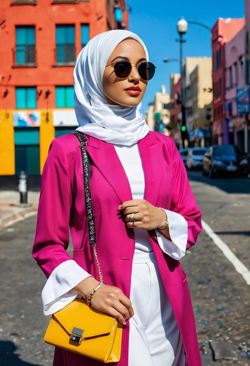 A stylish woman showcasing a variety of trendy hijab styles in a chic urban setting, with fashion-forward outfits that complement each hijab. The background features a vibrant cityscape with colorful street art, emphasizing a blend of modern and traditional fashion. Include accessories like sunglasses and bags to enhance the outfit's appeal. The lighting should be bright and airy, giving a sense of youthful energy. super-realistic. vibrant colors. urban setting.